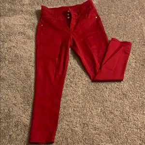 Bright red comfy skinny jeans.